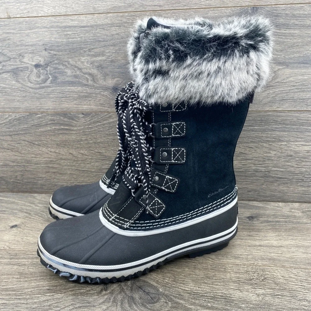 Eddie Bauer WeatherEdge Snow Boots Womens 7 Black Faux Fur Waterproof Suede